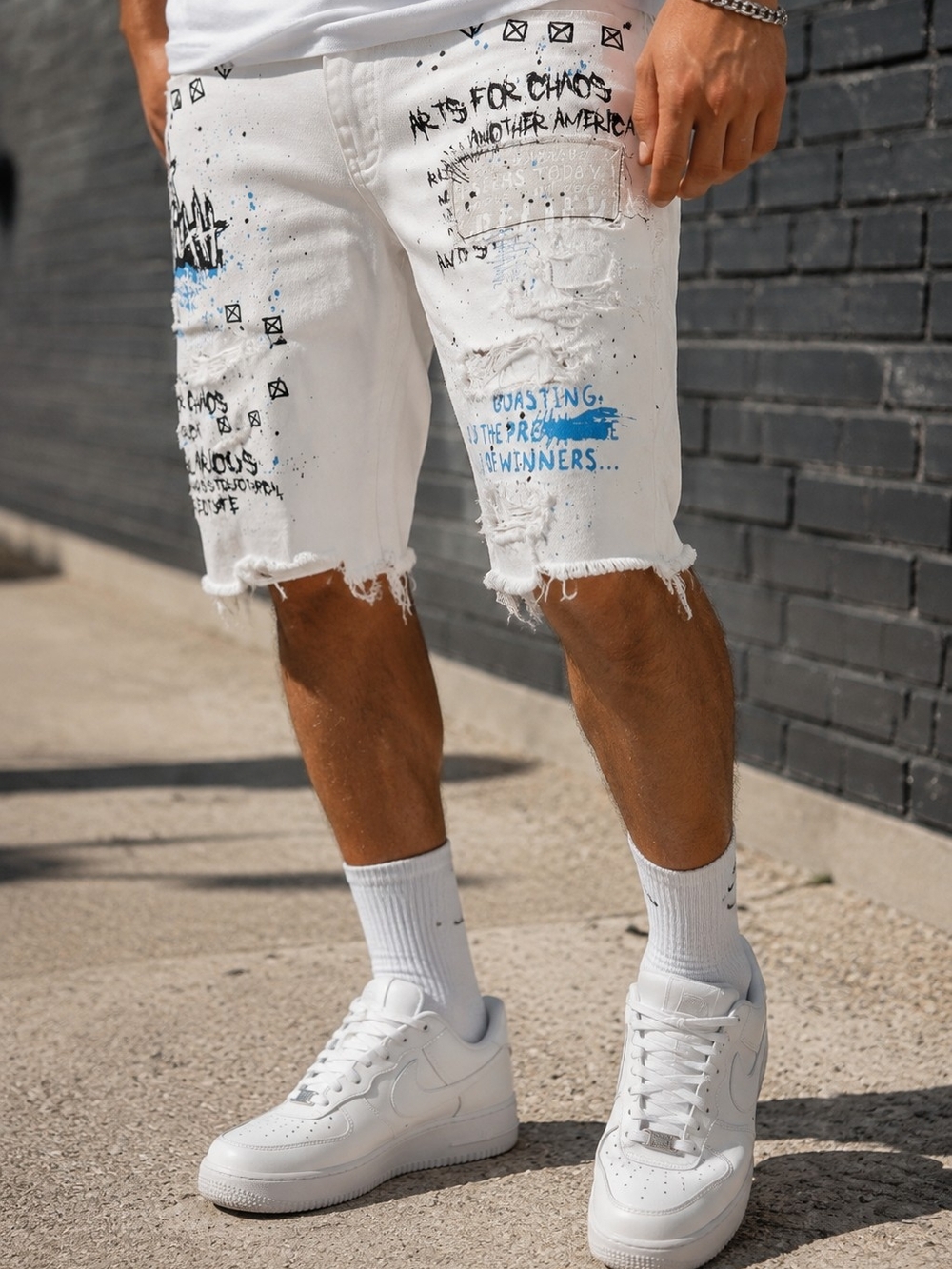 Smoke Rise Men's 42 White Denim Handmade Shorts Distressed Graffiti Paint Splat